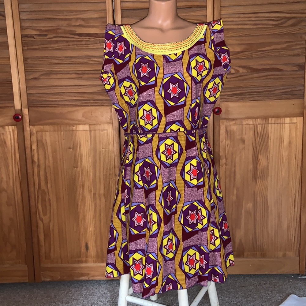 NALLEM of GHANA true African crafted short A-line dress sleeveless purple yellow